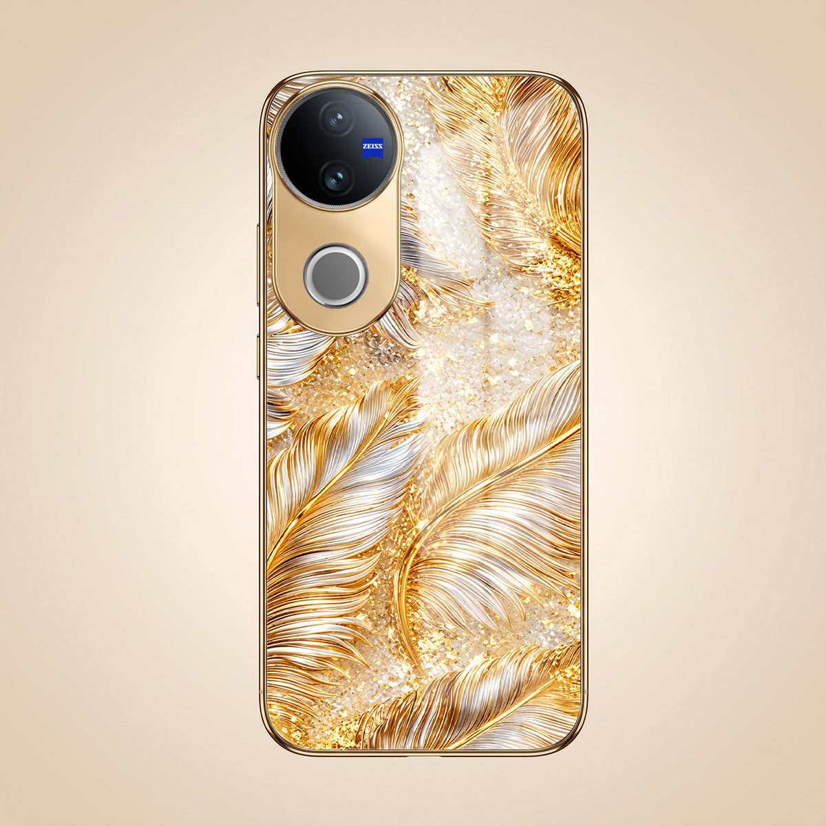 Vivo V50 5G Golden Feather Marble Gold Electroplated Glass Phone Back Case