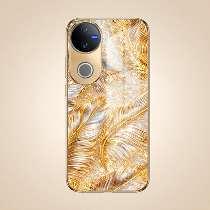 Vivo V50 5G Golden Feather Marble Gold Electroplated Glass Phone Back Case