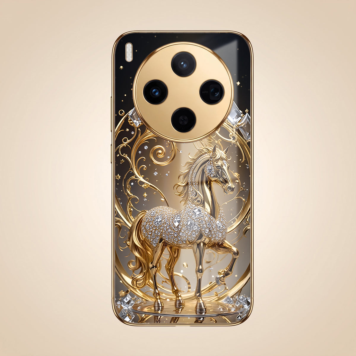 Vivo X300 5G Luxury Horse Texture Gold Electroplated Glass Phone Back Case