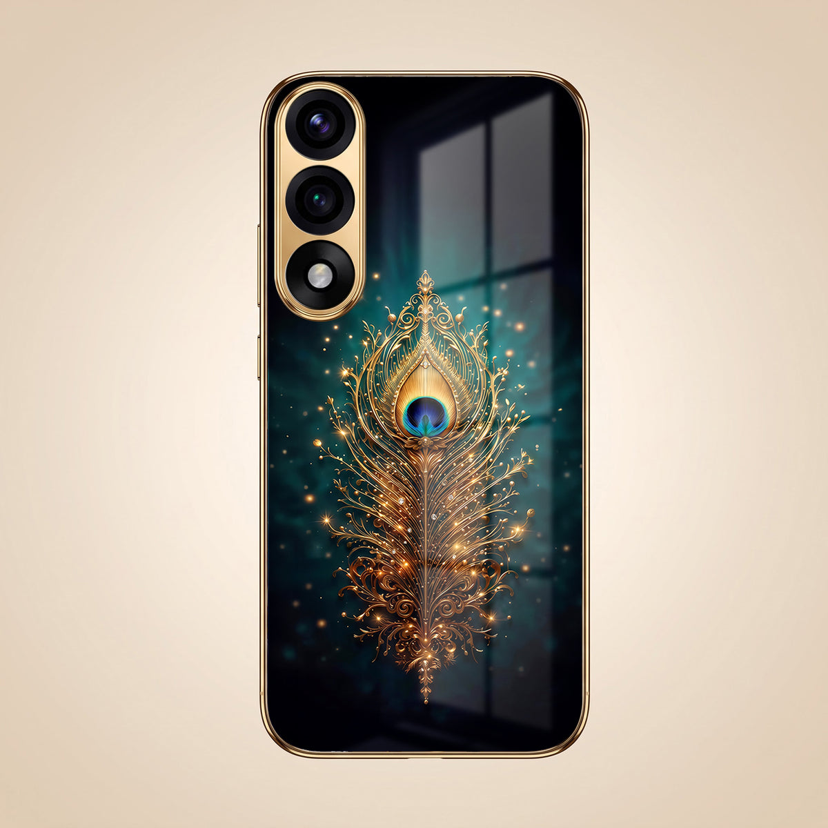 Oneplus Nord 5 5G Golden Peacock Feather Gold Electroplated Glass Phone Back Case