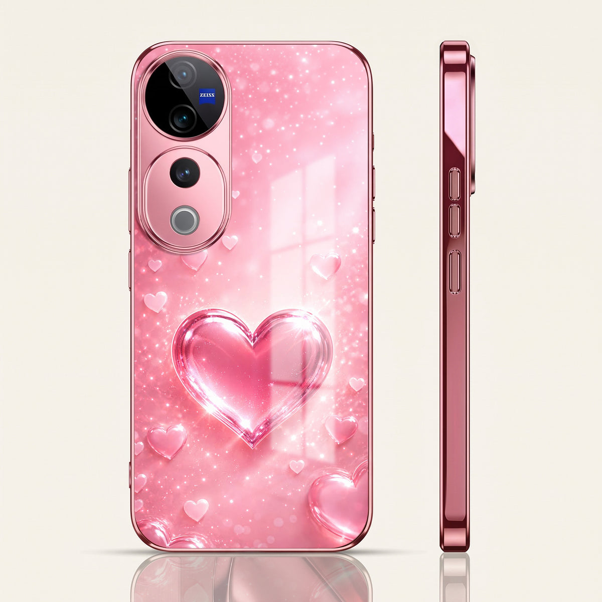 Vivo V40 Pro 5G Luxury 3D Jelly Heart Pink Electroplated Glass Phone Back Case