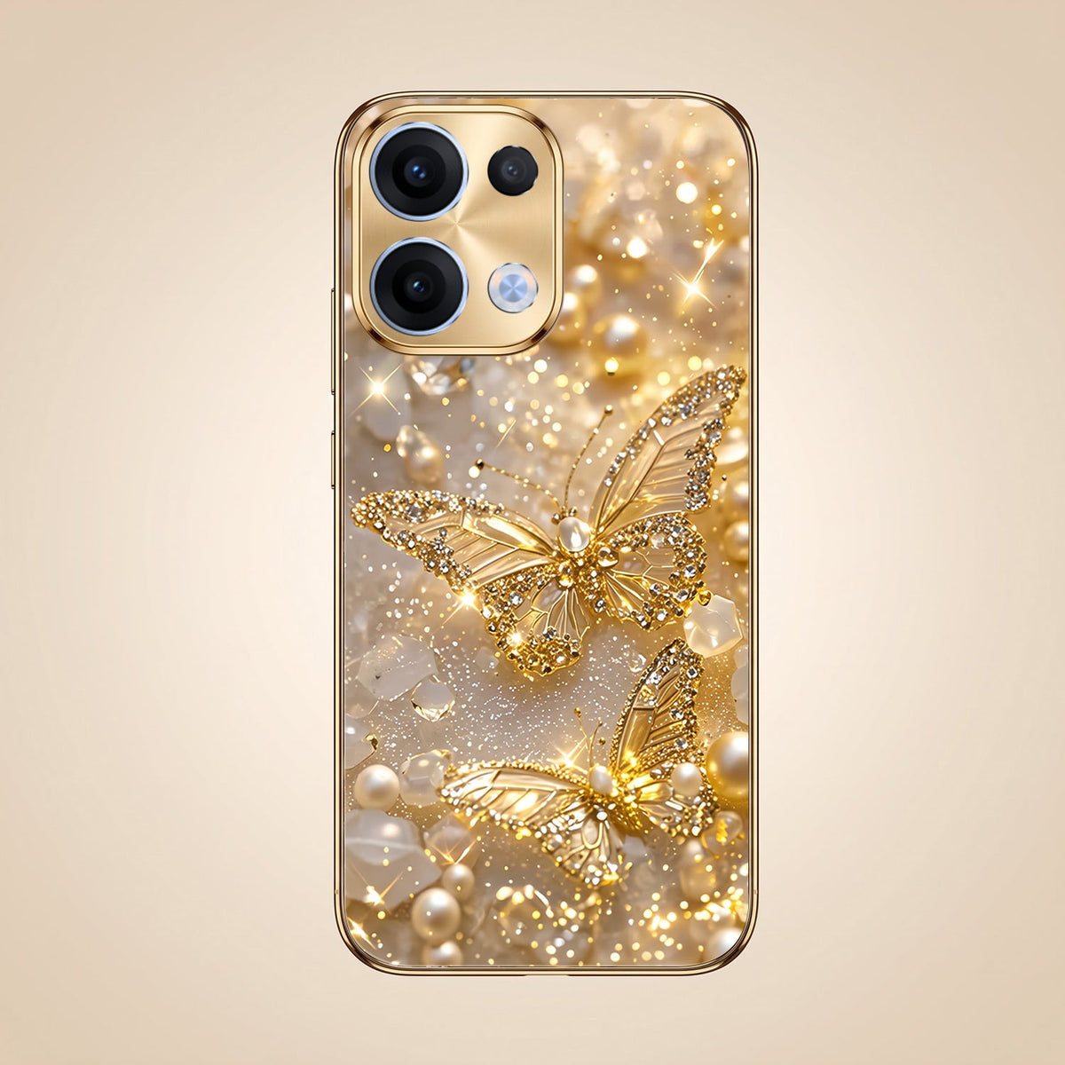 Oppo Reno 13 5G Golden Butterfly Gold Electroplated Glass Phone Back Case
