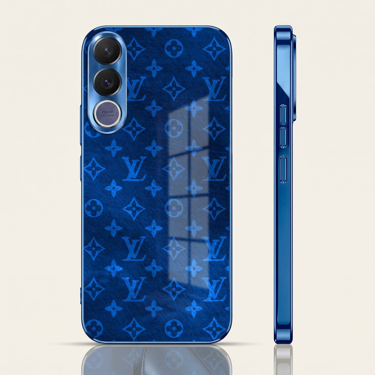 Vivo V70 FE 5G Luxury Monogram Blue Electroplated Glass Phone Back Case