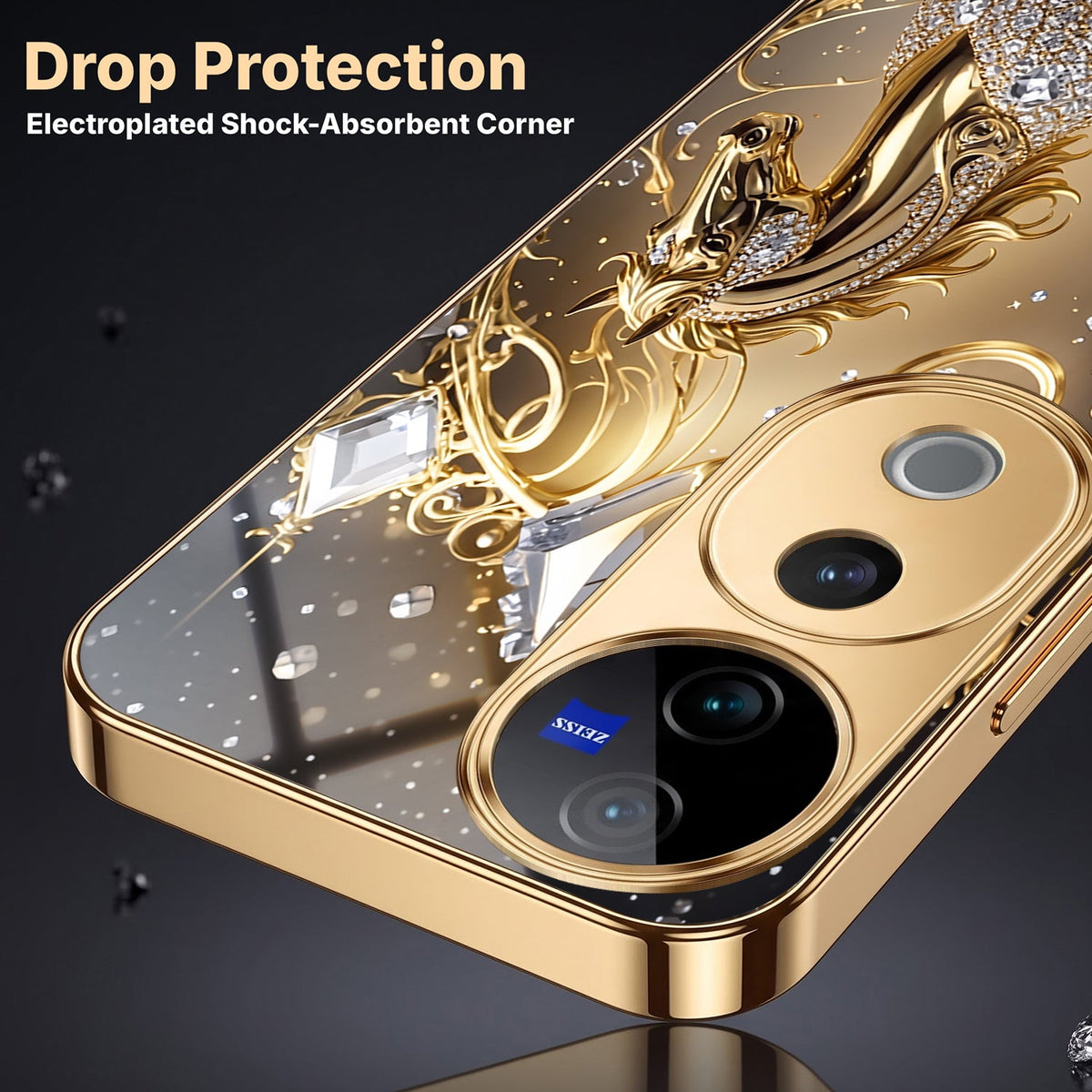 Vivo V40 Pro 5G Luxury Horse Texture Gold Electroplated Glass Phone Back Case