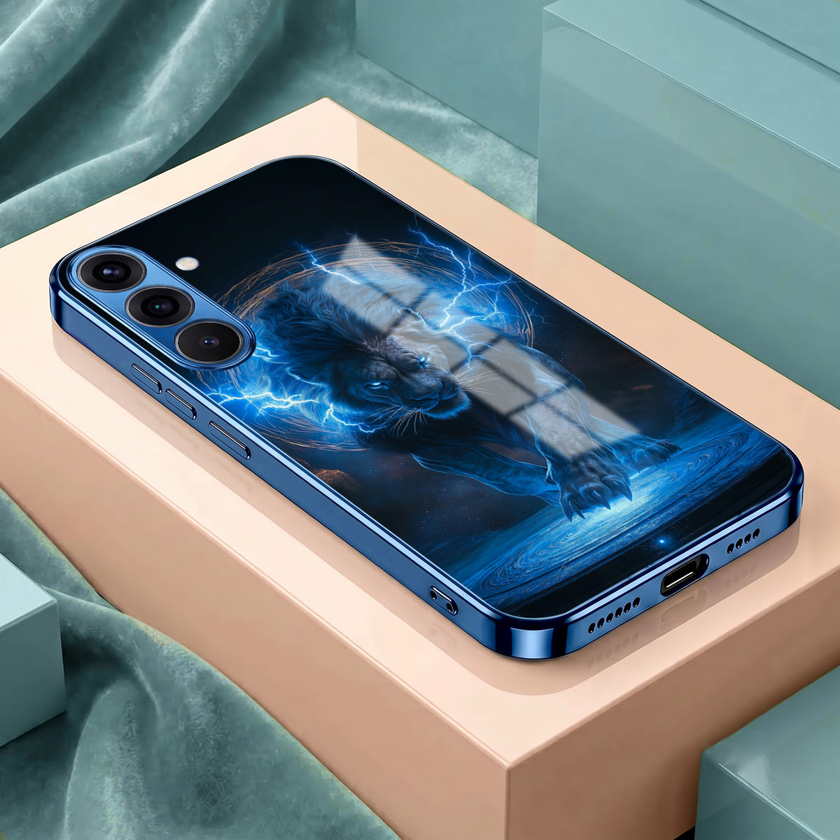 Samsung Galaxy A36 5G Thunder Titan Lion Blue Electroplated Glass Phone Back Case
