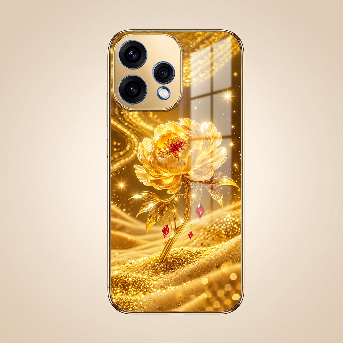Oppo Reno 15 5G Golden Rose Elegance Gold Electroplated Glass Phone Back Case