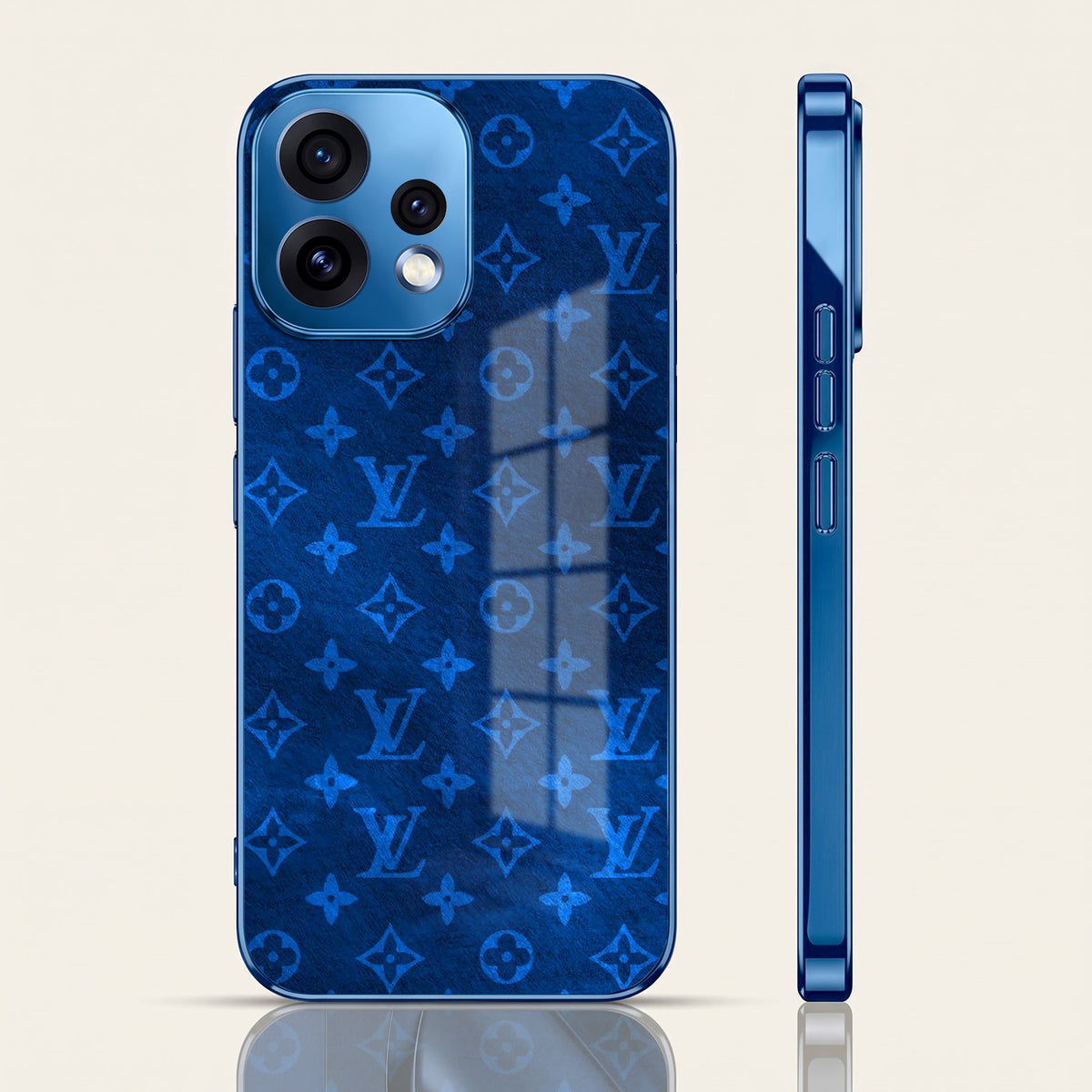 Oppo Reno 15 5G Luxury Monogram Blue Electroplated Glass Phone Back Case