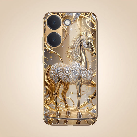Poco X8 Pro 5G Luxury Horse Texture Gold Electroplated Glass Phone Back Case
