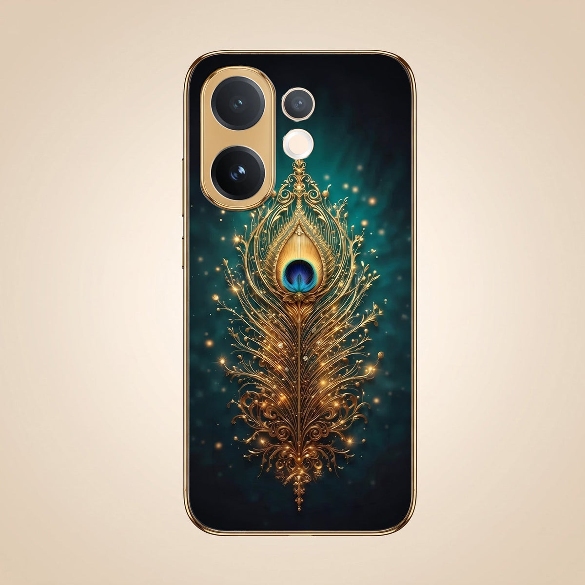 Vivo V60 5G Golden Peacock Feather Gold Electroplated Glass Phone Back Case