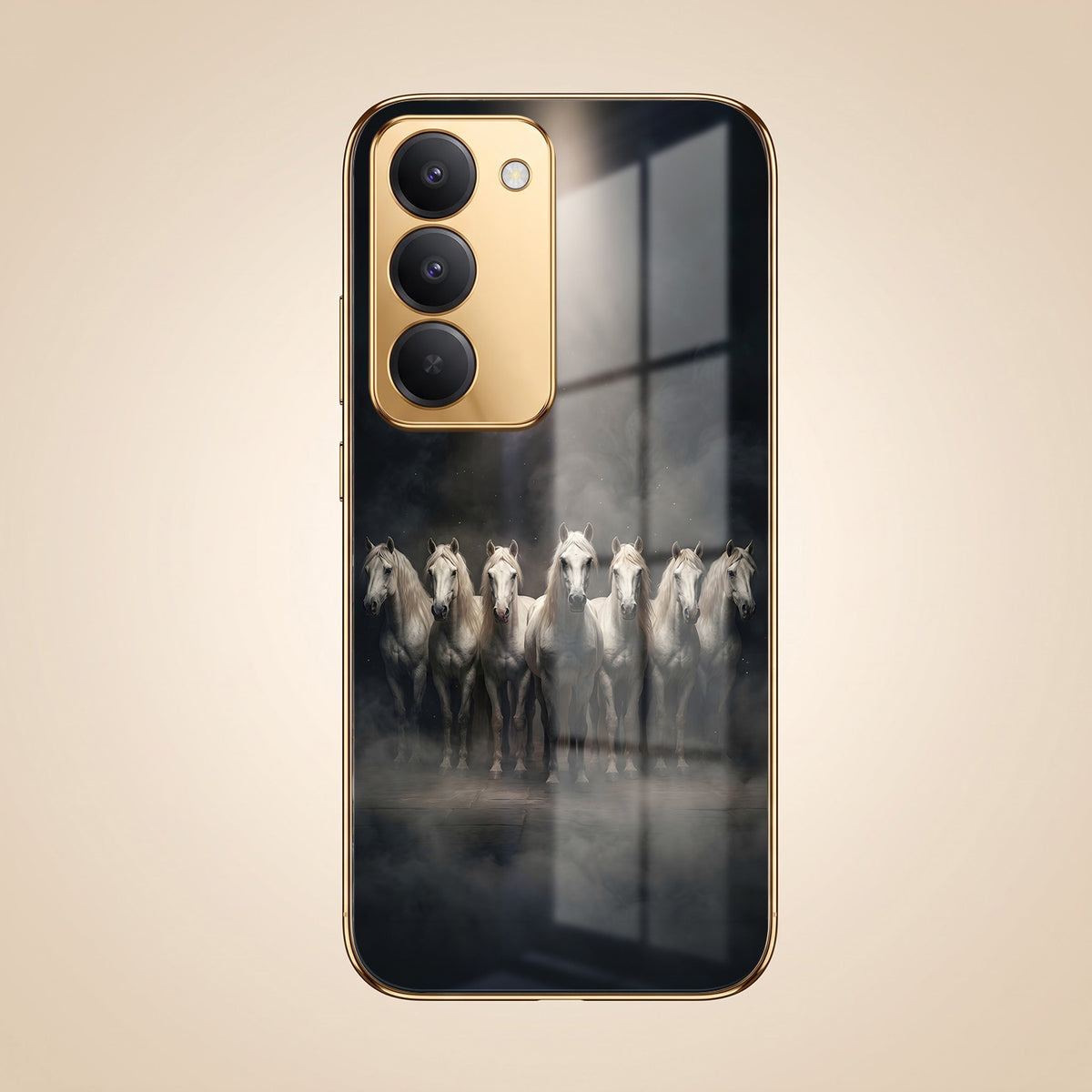 Redmi 15 5G Running Horses Gold Electroplated Glass Phone Back Case