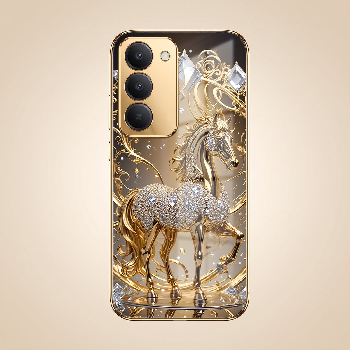 Redmi 15 5G Luxury Horse Texture Gold Electroplated Glass Phone Back Case