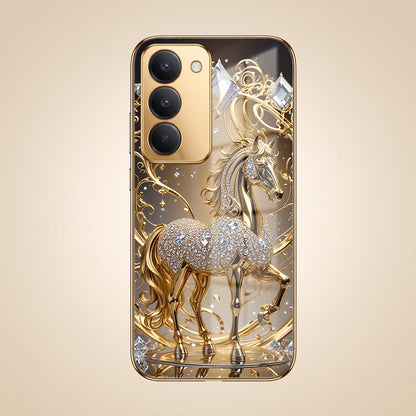 Redmi 15 5G Luxury Horse Texture Gold Electroplated Glass Phone Back Case