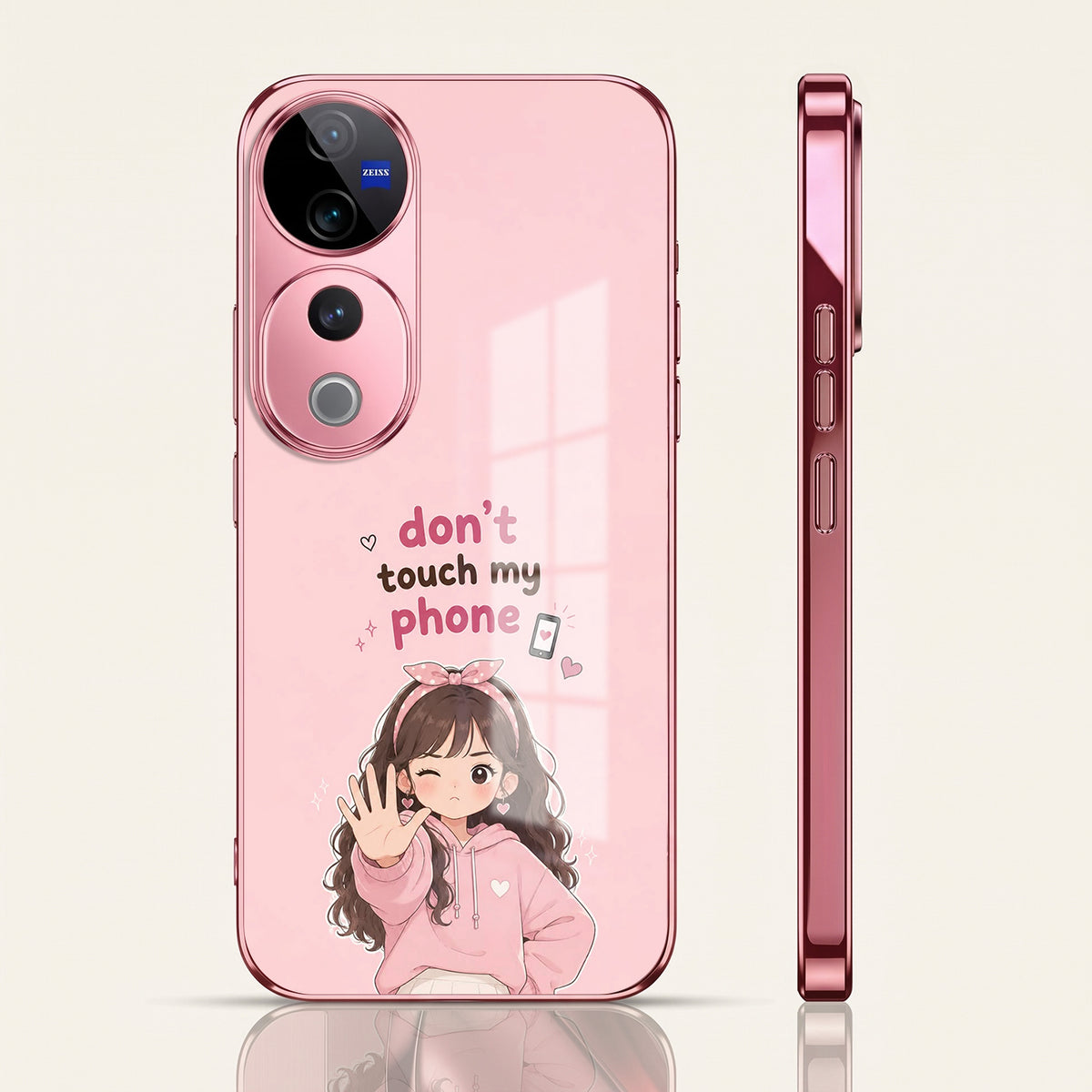 Vivo V40 Pro 5G Luxury Anime Girl Pink Electroplated Glass Phone Back Case