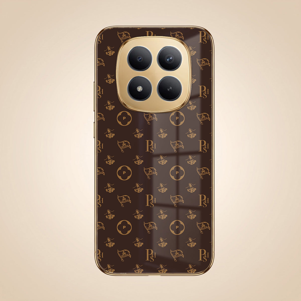 Redmi Note 15 Pro Plus 5G Luxury Monogram Brown Gold Electroplated Glass Phone Back Case
