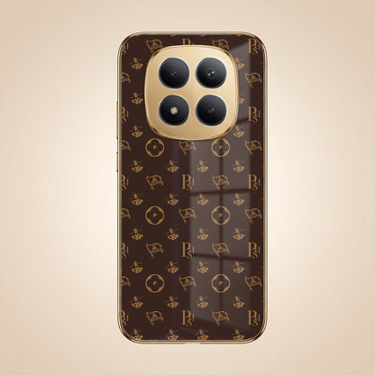 Redmi Note 15 Pro Plus 5G Luxury Monogram Brown Gold Electroplated Glass Phone Back Case