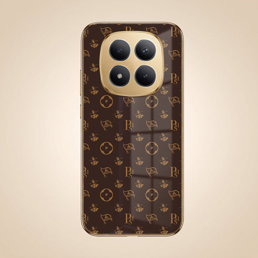 Redmi Note 15 Pro Plus 5G Luxury Monogram Brown Gold Electroplated Glass Phone Back Case