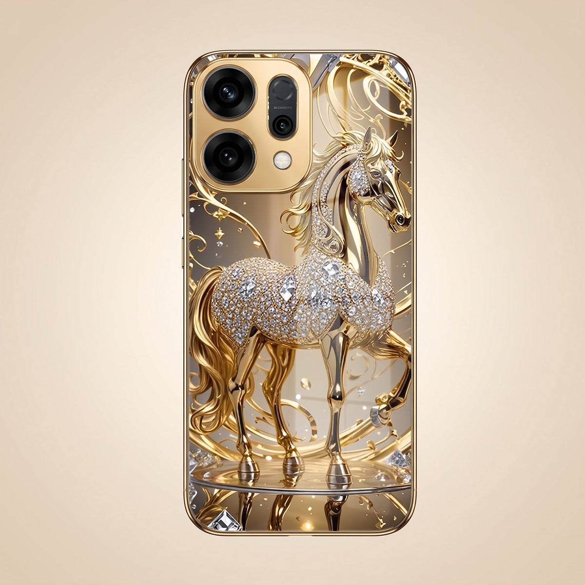 Oppo Reno 14 5G Luxury Horse Texture Gold Electroplated Glass Phone Back Case