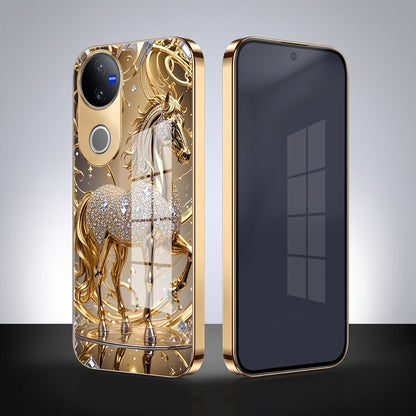 Vivo V50 5G Luxury Horse Texture Gold Electroplated Glass Phone Back Case