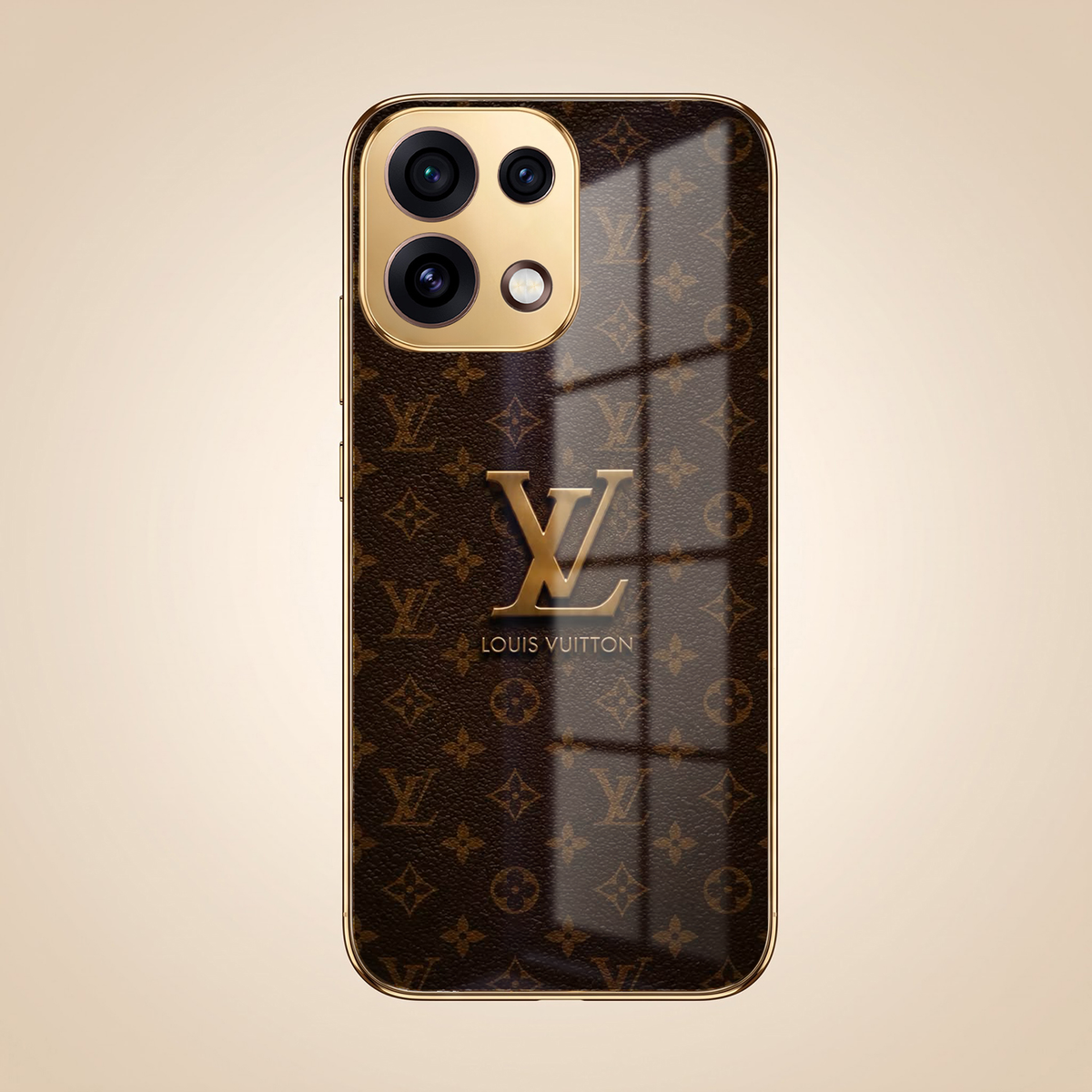 Oppo Reno 16C 5G LV Brown Monogram Gold Electroplated Glass Phone Back Case