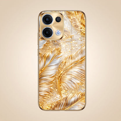 Oppo Reno 13 5G Golden Feather Marble Gold Electroplated Glass Phone Back Case