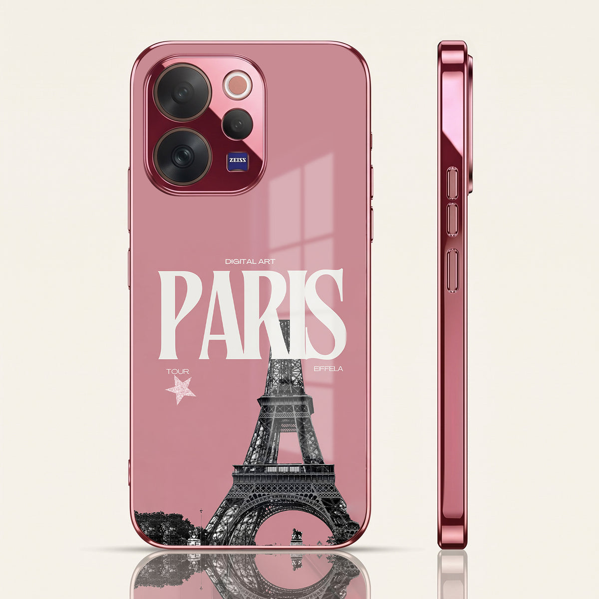 Vivo V70 5G Luxury Paris Tower Pink Electroplated Glass Phone Back Case