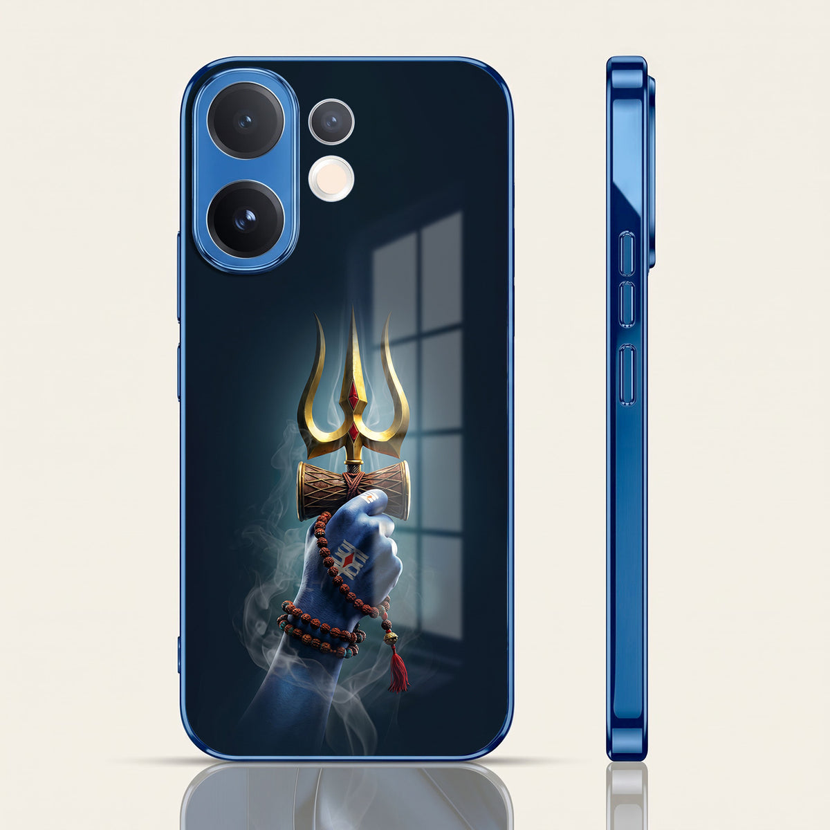 Vivo V60 5G Divine Shiva Trisul Blue Electroplated Glass Phone Back Case
