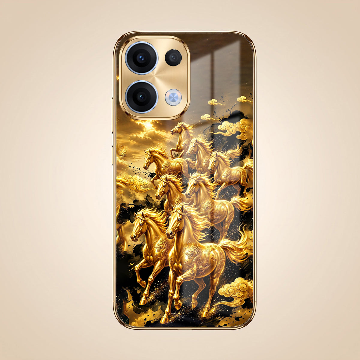 Oppo Reno 13 5G Horses Royal Glory Gold Electroplated Glass Phone Back Case