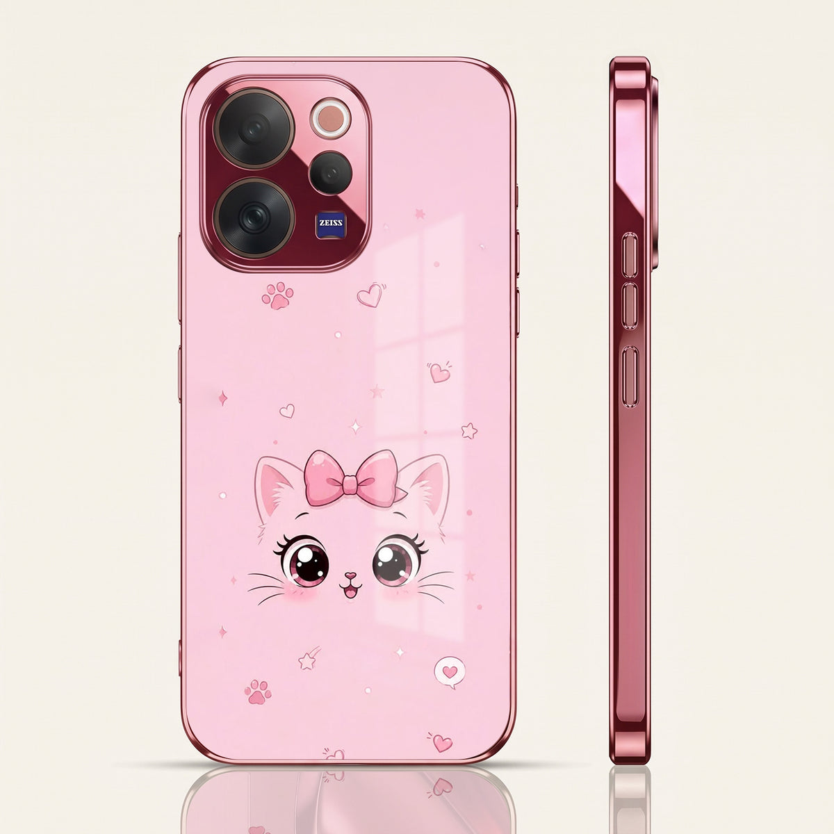 Vivo V70 5G Luxury Cute Cat Pink Electroplated Glass Phone Back Case