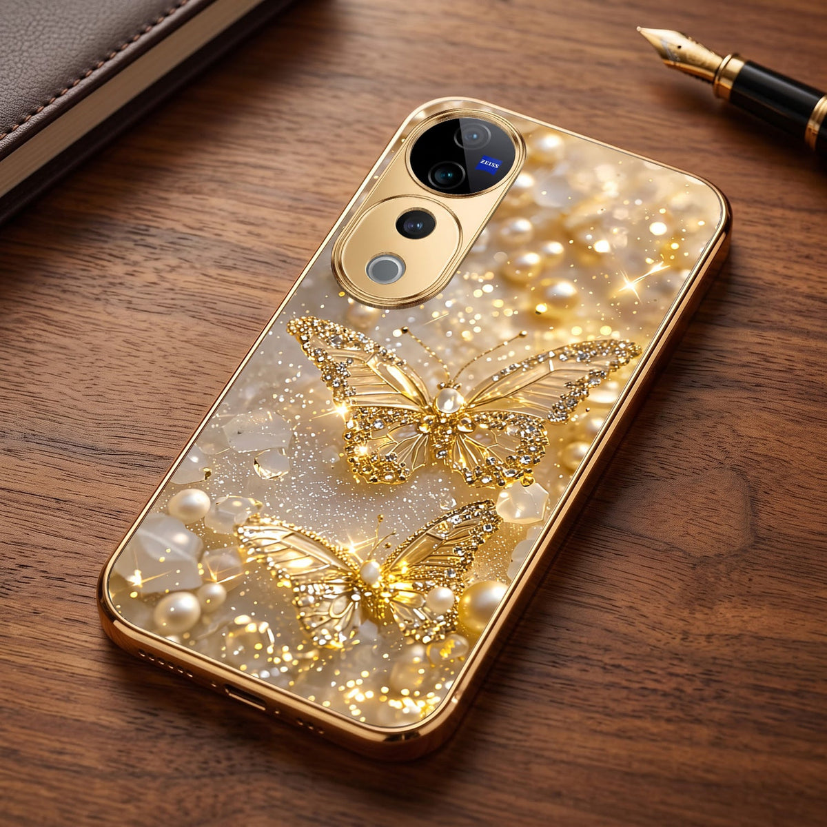 Vivo V40 Pro 5G Golden Butterfly Gold Electroplated Glass Phone Back Case