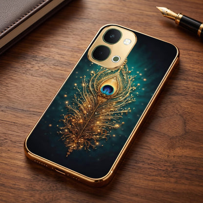 Vivo T5x 5G Golden Peacock Feather Gold Electroplated Glass Phone Back Case