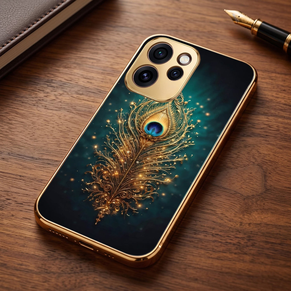 Oppo Reno 15 Pro Mini 5G Golden Peacock Feather Gold Electroplated Glass Phone Back Case