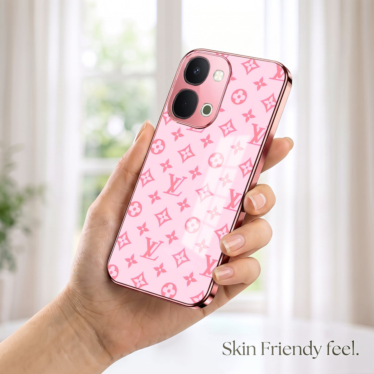 Vivo T5x 5G Luxury Monogram Pink Electroplated Glass Phone Back Case