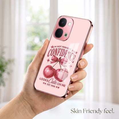 Vivo T5x 5G Luxury Cherry Bow Pink Electroplated Glass Phone Back Case