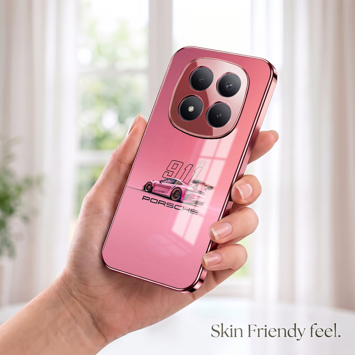 Redmi Note 15 Pro+ 5G Luxury Porsche 911 Pink Electroplated Glass Phone Back Case
