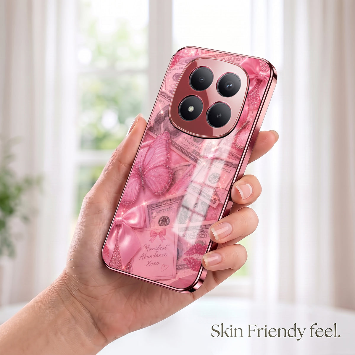 Redmi Note 15 Pro+ 5G Luxury Dollar Butterfly Pink Electroplated Glass Phone Back Case
