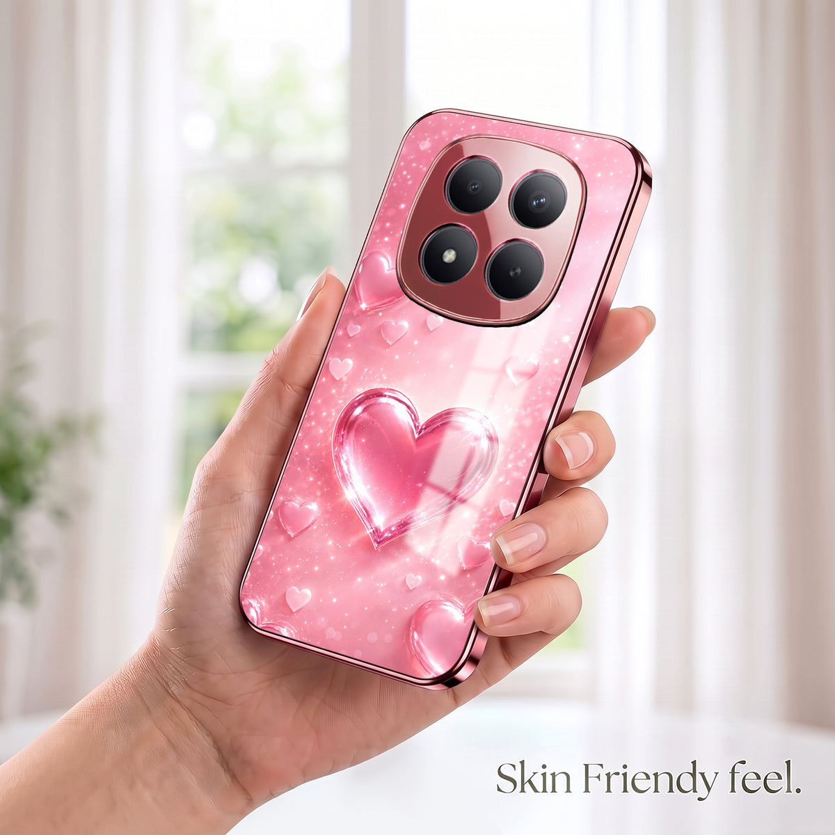 Redmi Note 15 Pro+ 5G Luxury 3D Jelly Heart Pink Electroplated Glass Phone Back Case