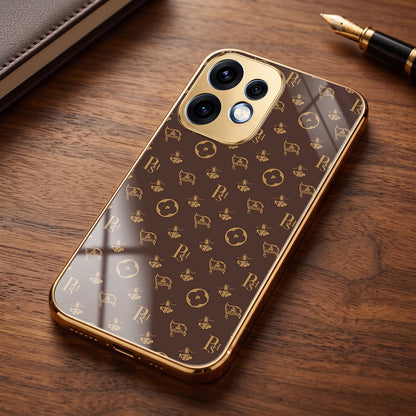 Oppo Reno 16 5G Luxury Monogram Brown Gold Electroplated Glass Phone Back Case
