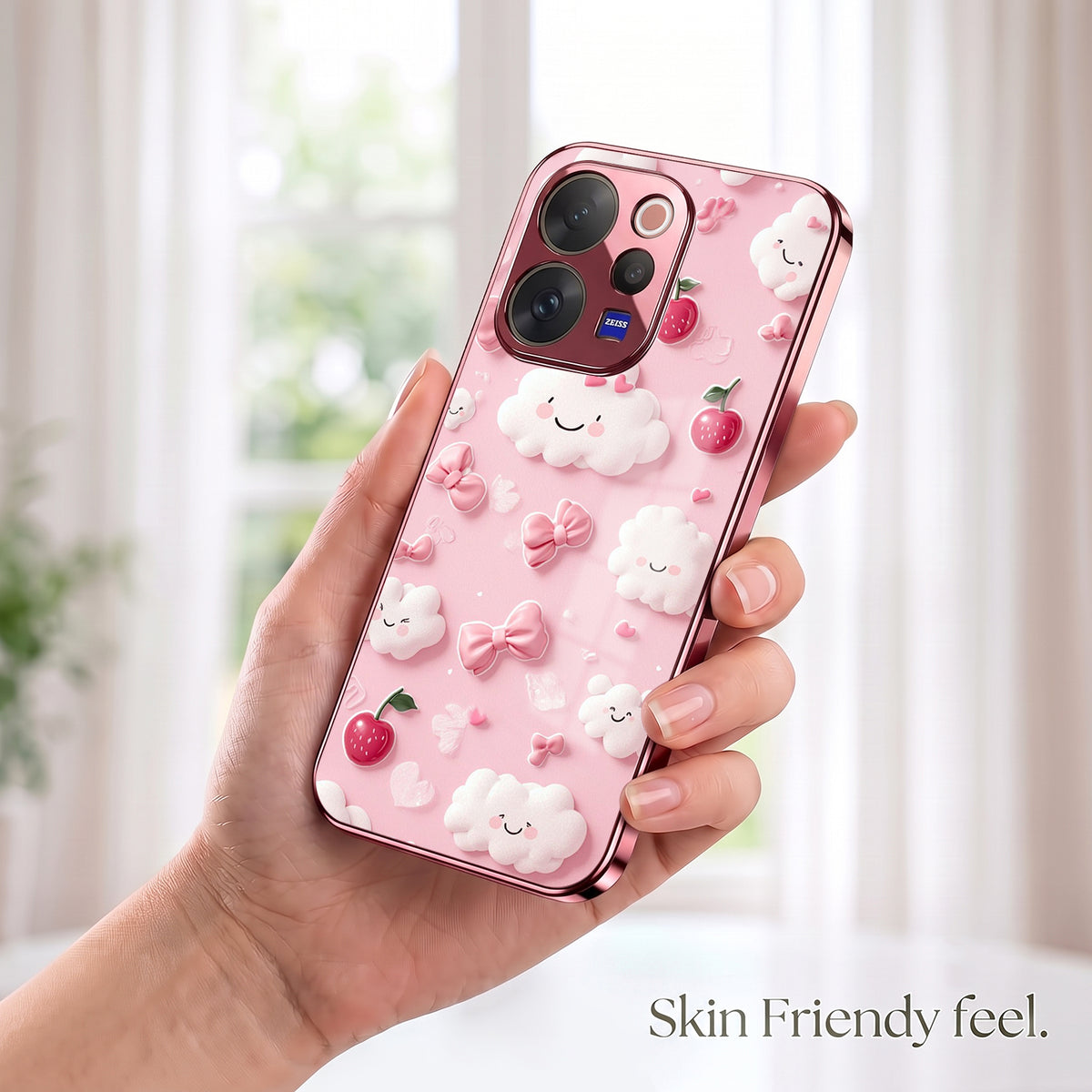 Vivo V70 5G Luxury 3D Clouds Pink Electroplated Glass Phone Back Case