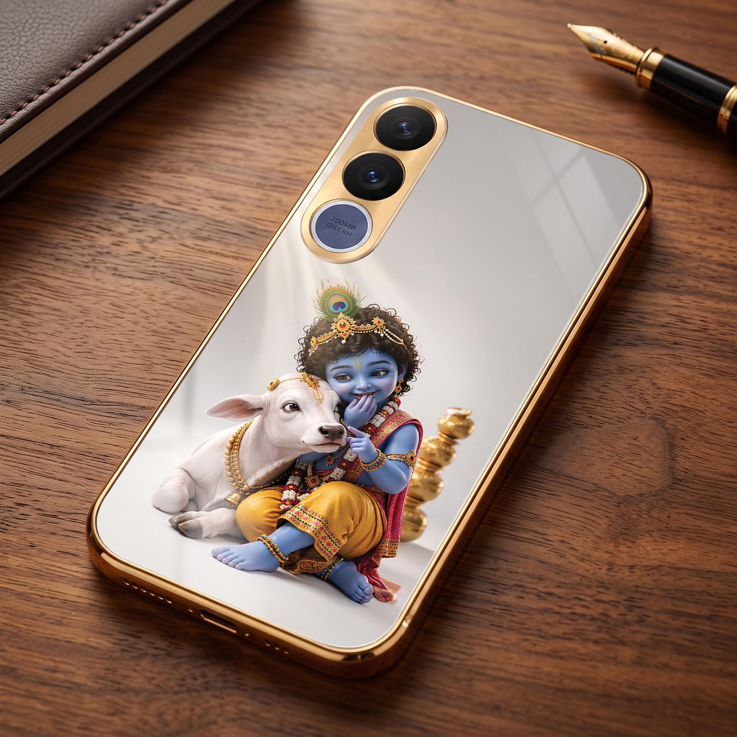 Vivo V70 Fe Bal Krishna Blessings Gold Electroplated Glass Phone Back Case