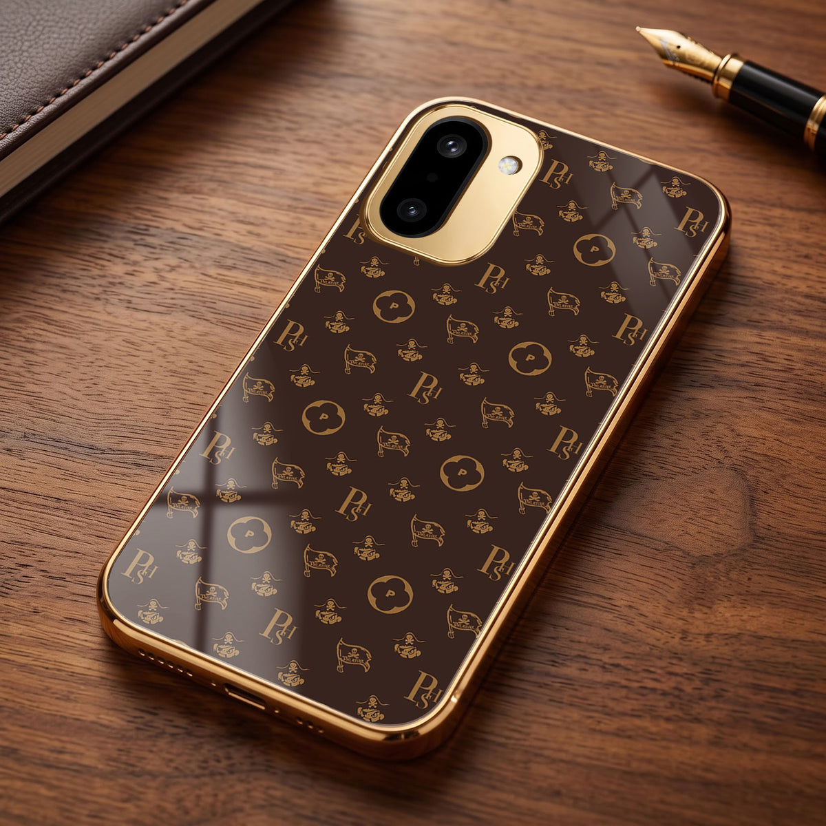 OnePlus 15R 5G Luxury Monogram Brown Gold Electroplated Glass Phone Back Case