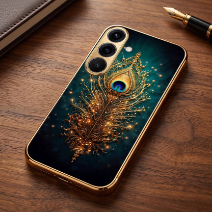 Samsung Galaxy A36 5G Golden Peacock Feather Gold Electroplated Glass Phone Back Case