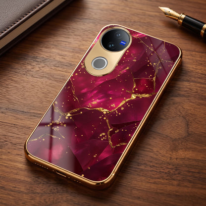 Vivo V50 5G Luxury Crimson Marble Gold Electroplated Glass Phone Back Case