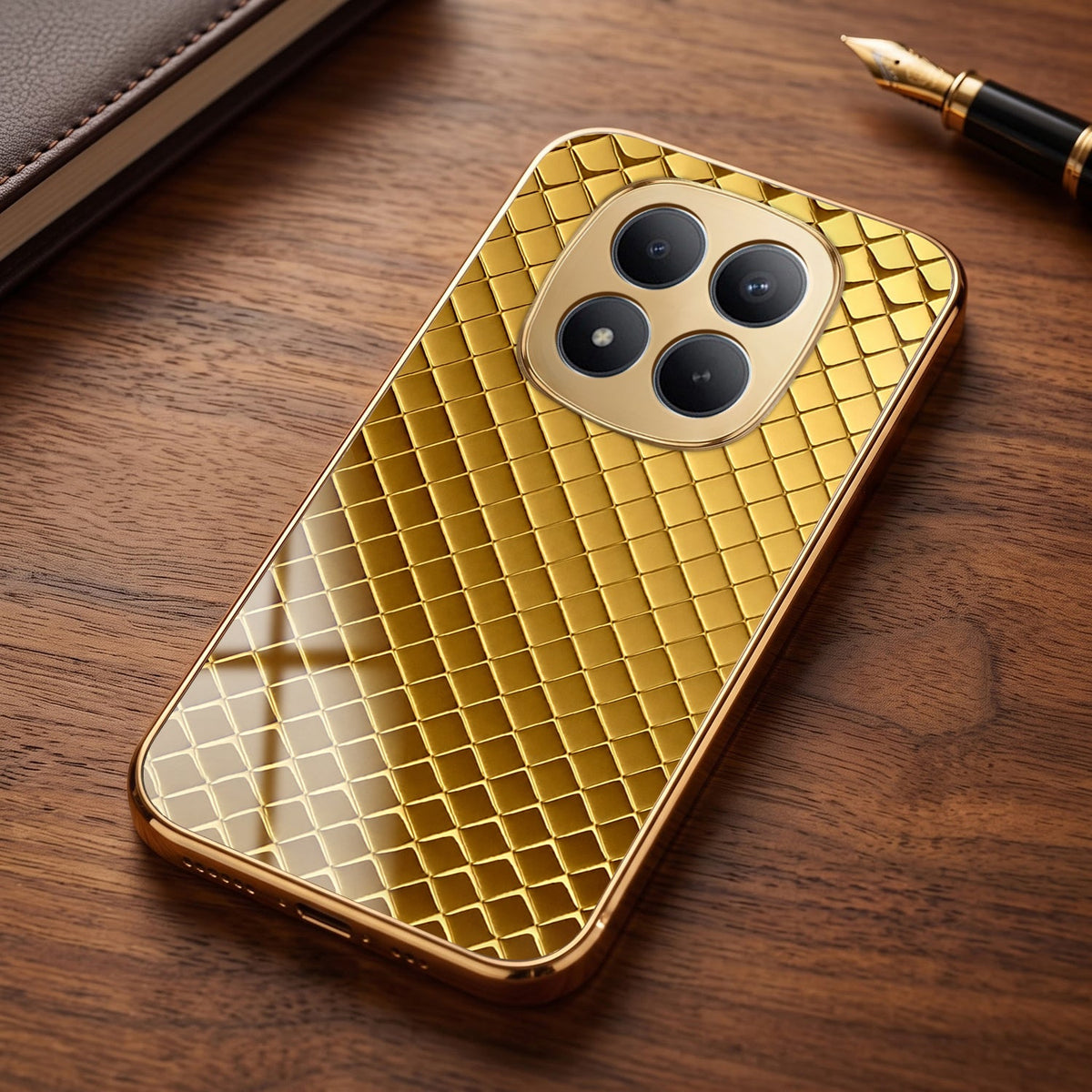 Redmi Note 15 Pro+ 5G Golden Criss Cross Gold Electroplated Glass Phone Back Case