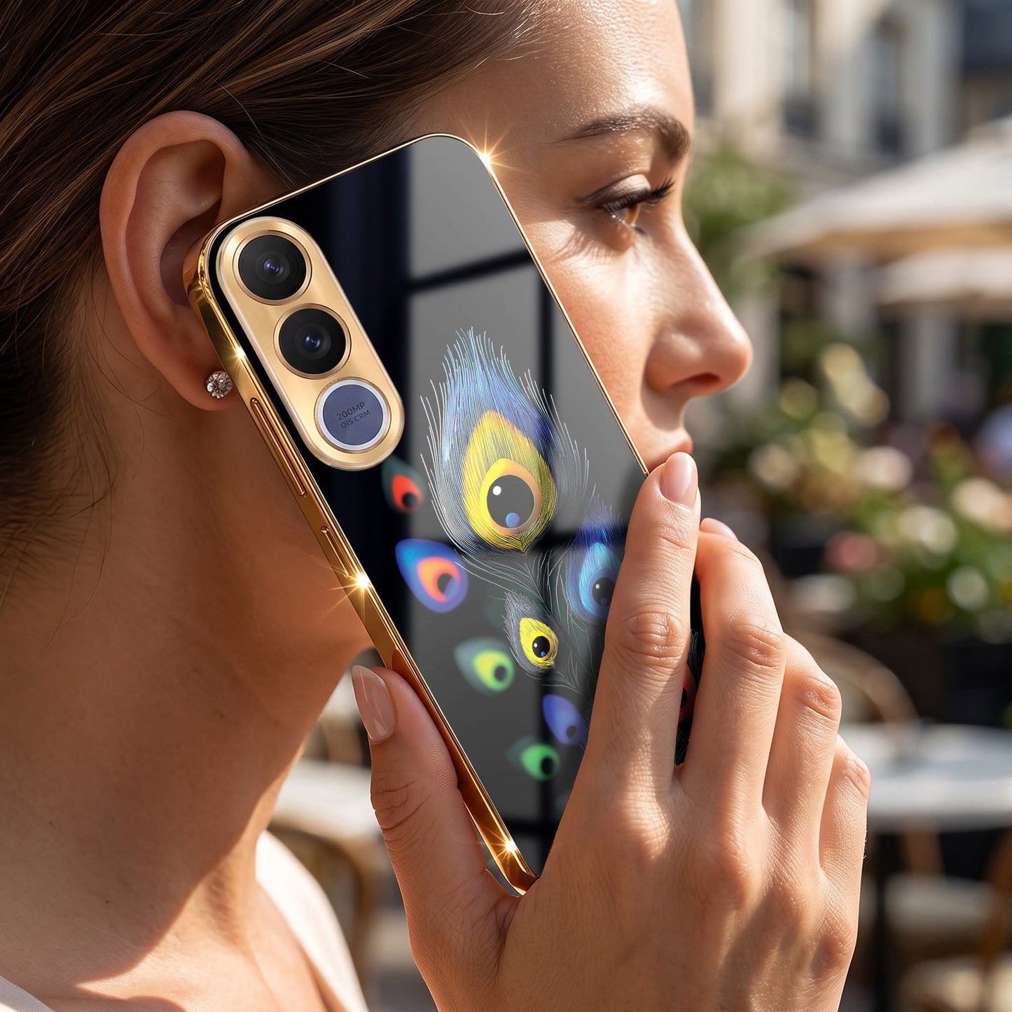 Vivo V70 FE 5G Premium Peacock Feather Gold Electroplated Glass Phone Back Case