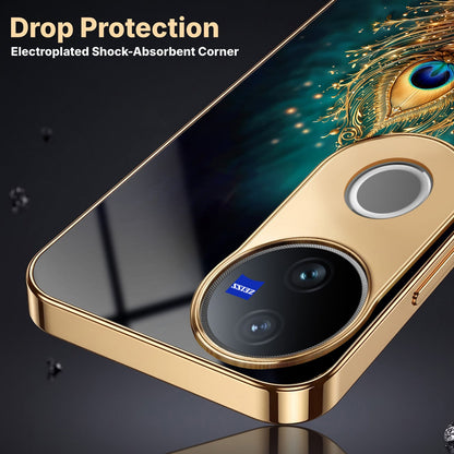 Vivo V50 5G Golden Peacock Feather Gold Electroplated Glass Phone Back Case