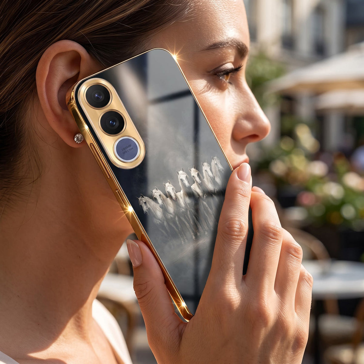 Vivo V70 FE 5G Running Horses Gold Electroplated Glass Phone Back Case