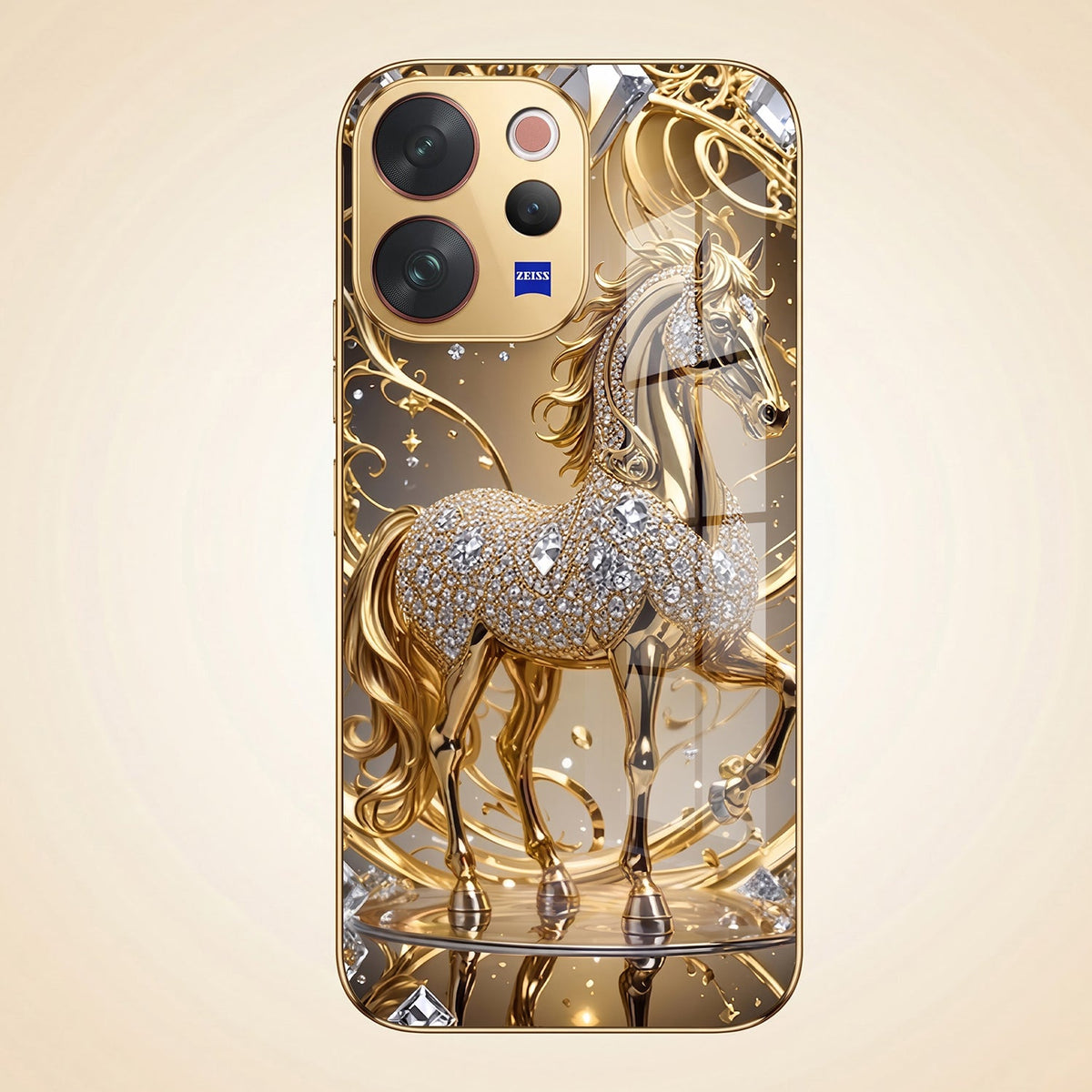 Vivo V70 5G Luxury Horse Texture Gold Electroplated Glass Phone Back Case
