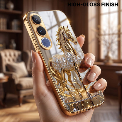 Vivo V70 FE 5G Luxury Horse Texture Gold Electroplated Glass Phone Back Case