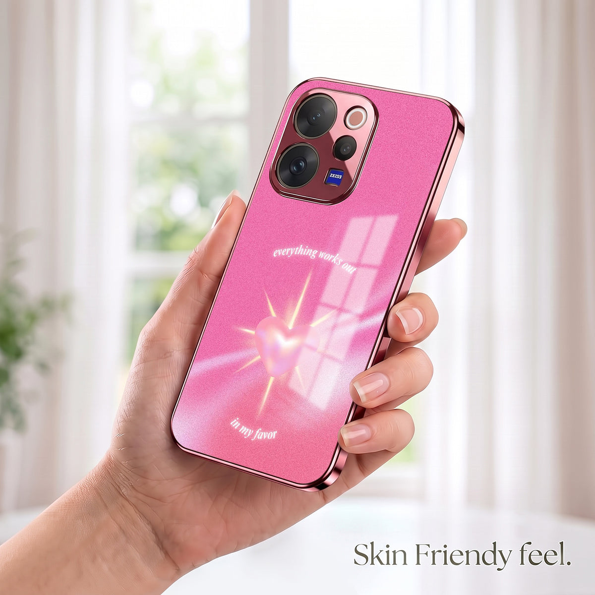 Vivo V70 5G Luxury Glowing Heart Pink Electroplated Glass Phone Back Case