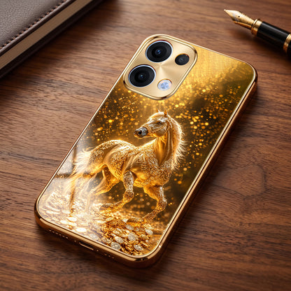 Oppo Reno 13 5G Golden Horse Sparkle Gold Electroplated Glass Phone Back Case